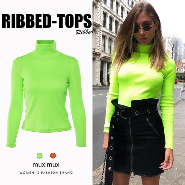 

2019 winter women knitted tshirts casual turtleneck neck pullover solid long sleeve autumn fall tees ribbed t-shirts women, White