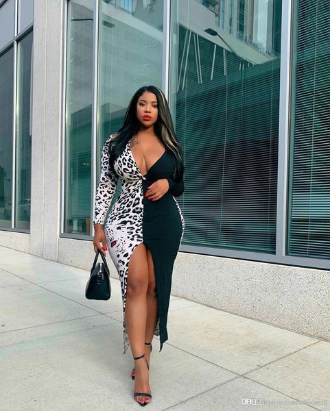 

women designer leopard bodycon dress sheath patchwork femal vestidoes split up designer dressing, Black;gray