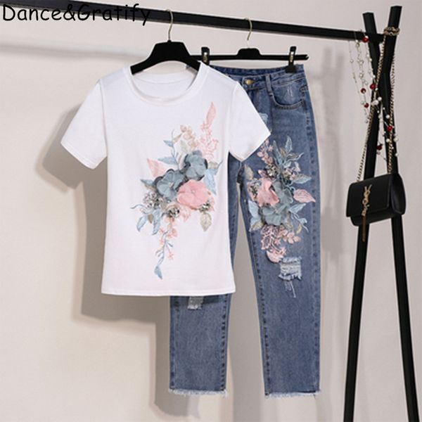 

2019 summer women new fashion embroidery sequins 3d flower short sleeve cotton tshirt + hole jeans two piece pant set denim suit, White
