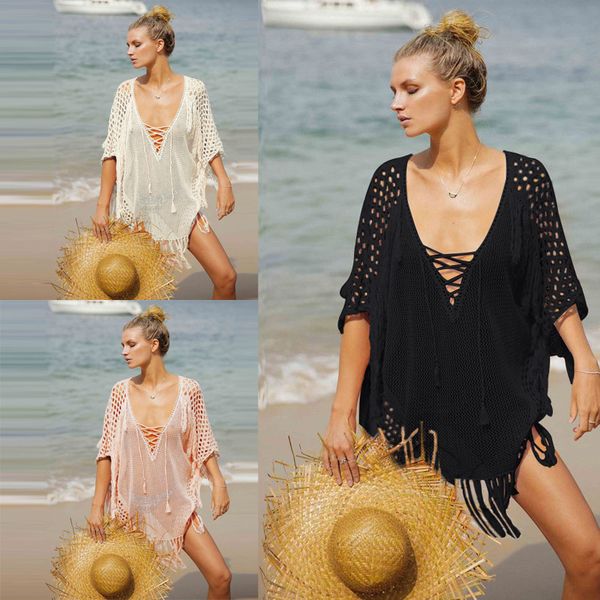 

beach cover ups hollow out lace tunic tassel swimwear shawl women backles bikini saida de praia cover ups female, Blue;gray