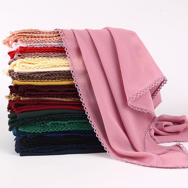 

21 colors plain bubble chiffon lace edges scarf women muslim hijab wrap shawls headband scarves wholesale 180*75cm