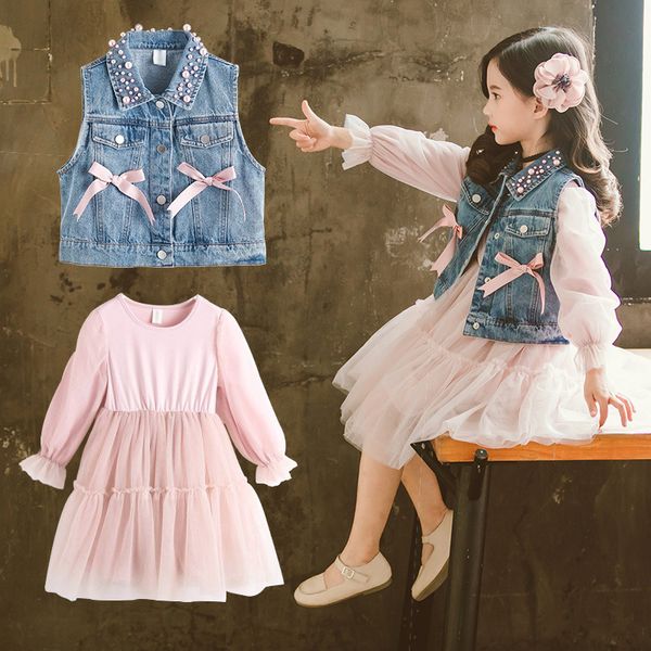 

girl princess outfits spring autumn dress new lace mesh dress sleeveless denim coat children coat dresses two-piece clothes sets, White