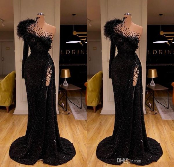 

2020 arabic black sequined evening dresses beaded feather mermaid prom dresses high split formal party gowns robes de soiree, Black;red