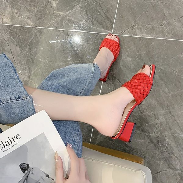 

hand weave slippers women chunky heel sandals outdoor fashion thick heel slippers summer women sandals beige green red, Black