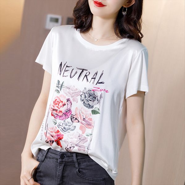 

warehouse round collar screen silk white t-shirt female summer short sleeve 2020 loose mulberry silk printing