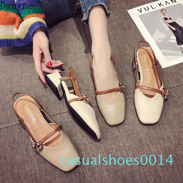 

2020 new single shoes female word buckle retro square buckle shallow mouth baotou sandals female c14, Black