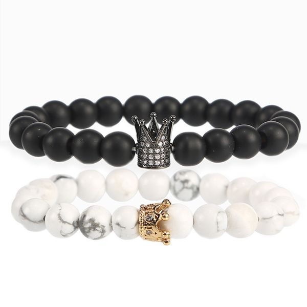 

matte black natural volcanic stone white crown micro inlaid zircon couple charm bracelet for women accessories men christma gift, Golden;silver