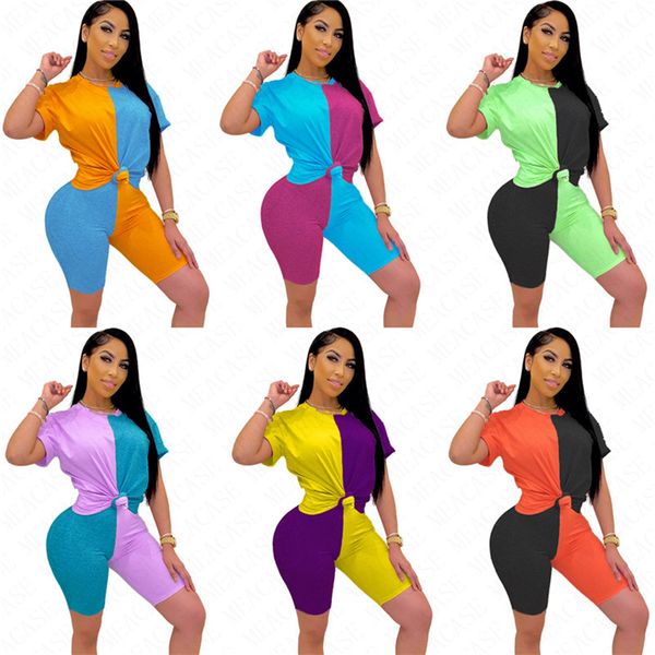 

2020 summer women contrast color block tracksuit three piece suit short sleeve shorts+mask tight patchwork sportswear s-xxl d63005, White