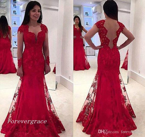 

2019 new backless mermaid evening dress tulle applique long african formal wear party gown custom made plus size, Black;red