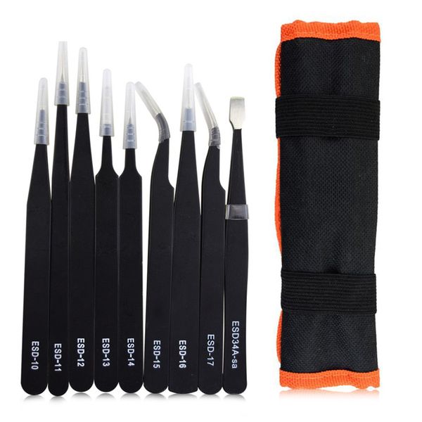 

9pcs/set esd stainless steel tweezers kit precision anti-static maintenance tools for electronics jewelry phone repairing new