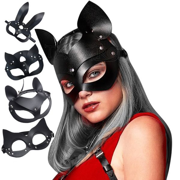 

women pu leather rivet upper half face mask rhinestone cat ear cosplay play game masquerade ball carnival masks