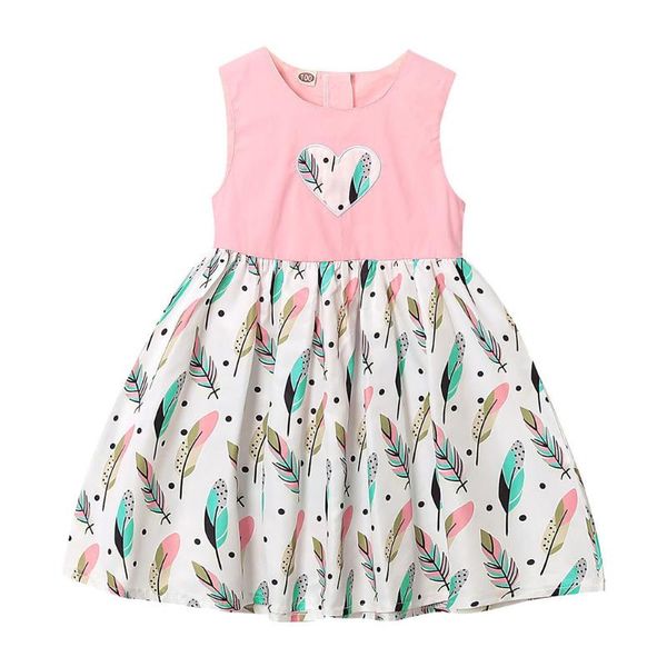 

2020 new summer dress child girls sleeveless casual heart feather print princess dress party suit fashion girl clothes vestidos, Red;yellow