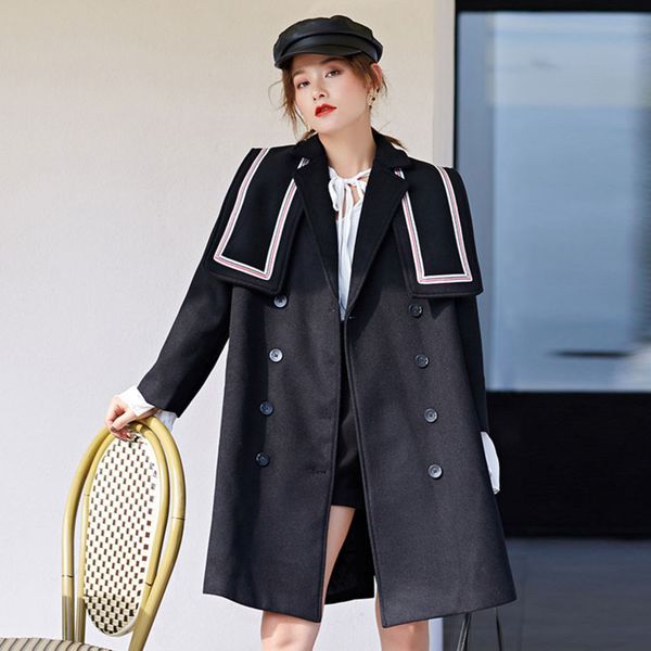 

lanmrem 2020 new spring women fashion navy collar double breasted woolen coat streetwear loos mid-length coat female tide pc941, Black