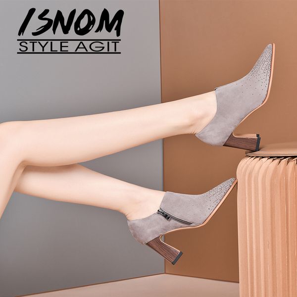 

isnom wood heels spring pumps sheep skin suede high heels crystal toe pointed toe women strange shoes 2020, Black