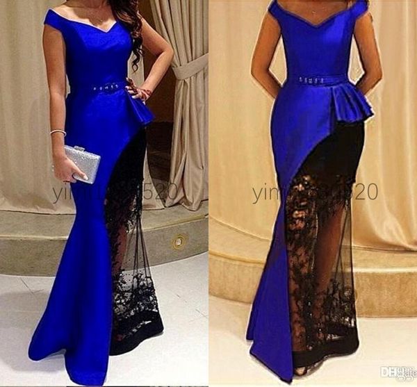 Abiti da sera a sirena blu royal con spalle scoperte peplo applique in pizzo nero vedere attraverso abito formale abiti da ballo di fine anno robes de soir￩e