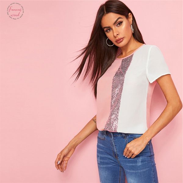 

sequins contrast panel spliced cut and sew womens and blouses 2019 casual colorblock short sleeve summer blouses, White
