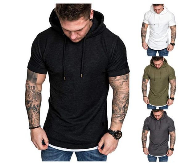 

2019 men round neck solid color hooded short-sleeved t-shirt striped pleated raglan sleeves european and american men clothing, White;black