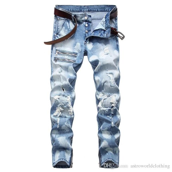 

ripped mens designer jeans straight stretch slim mens long pants spring fashion plus size male jeans, Blue