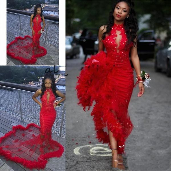 

2019 vestidos de gala Сексуальные красные выпускные платья русалки с кружевными перьями и