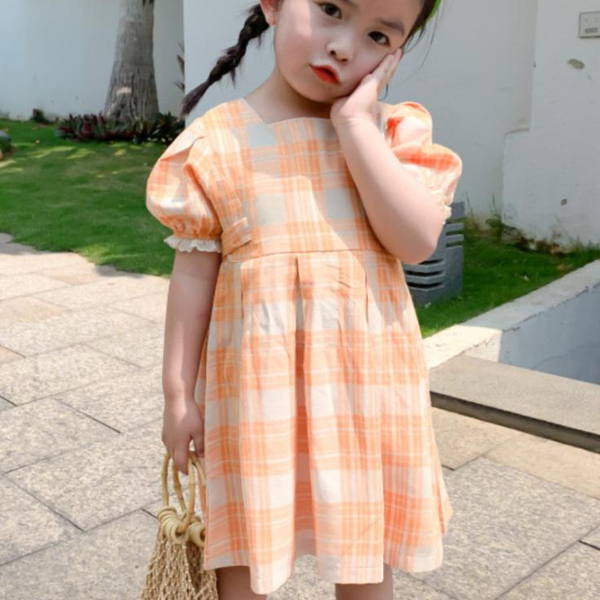 

2020 summer vintage puff sleeve plaid dress kids baby girl square collar princess sweet child a-line dress, Red;yellow