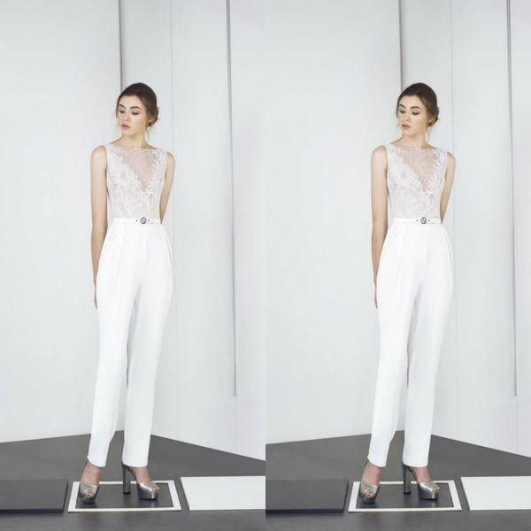 

2019 tony ward jumpsuits bateau neck lace appliqued ankle length white prom dress custom made evening gowns cocktail party wear, Black