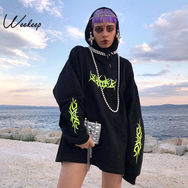 

weekeep women loose streetwear black sweatshirt knitted hooded shinning print hoodies fashion moletom long hoodie women