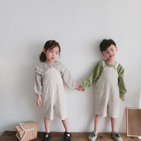 

2019 spring korean toddler kids girls boys overalls linen clothings casual wed-leg pants fashion summer clothes, Blue