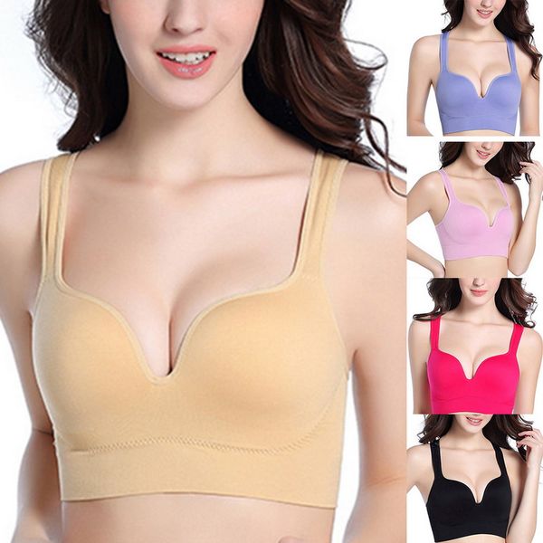 

sfit women adjustable sport bra seamless ultra-thin girls lingerie no steel push up gather solid color bra plus size mujer 2019, White;black