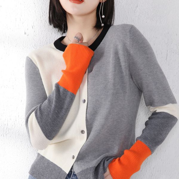 

spring women's color block cardigan long sleeve loose base knitted shirt korean version of the thin sweater, White