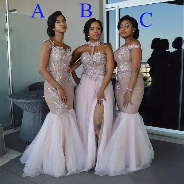 

2019 mermaid bridesmaid dress long floor length lace appliques maid of honor dress side split custom made party dress, White;pink