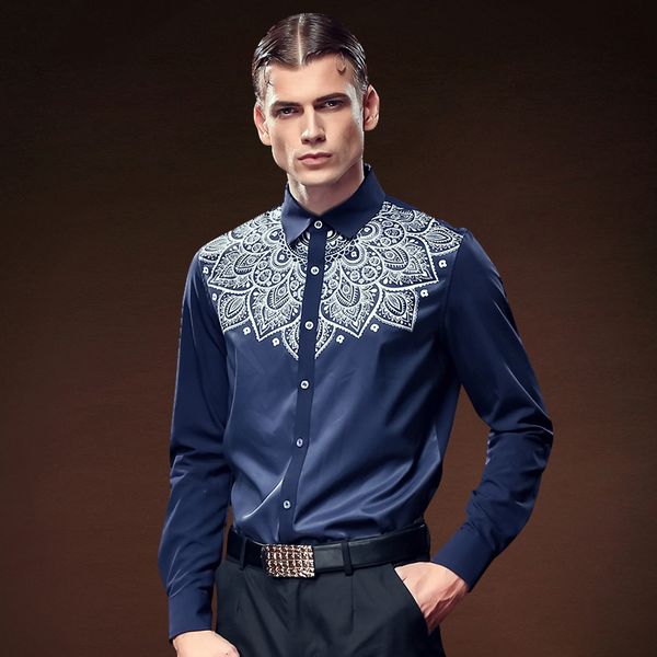 

2020 men's baroque pattern printed long-sleeved shirt youth court style fashion slim elastic tide blue shirt, White;black