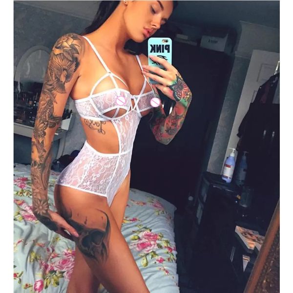

2018 womens full lace lingerie bodysuit strappy plunge v neck bodycon leotard lace sling sleepwear nightwear teddies sheer, Black;red