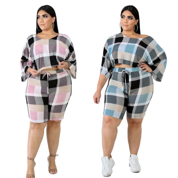 

european fashion plus size 4xl 5xl 6xl plaid summer 2 piece set half sleeve pullover a023 print female summer set, White