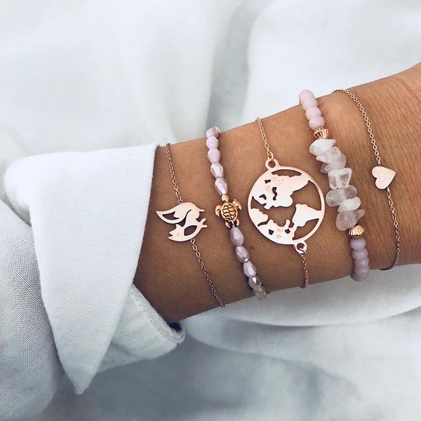 

5 pcs/ set bohemian turtle map heart love bead chain multilayer gold bracelet set women cute party jewelry gift, Black