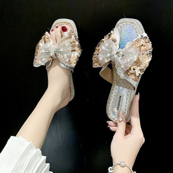 

rimocy sequin beach slippers women summer big bow flat heel flip flops woman 2020 black silver crystal sandals female