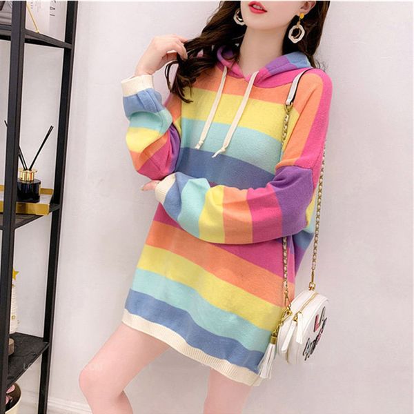 

fashion women rainbow stripe knitted sweater elegant long sleeve hooded knitwear loose korean style truien dames streetwear, White;black