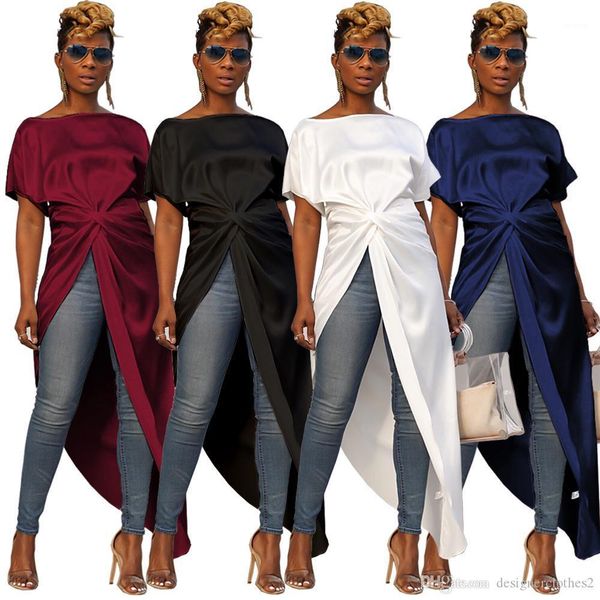 

long solid short front long back fashion blouse short sleeve irregular tees women split, White