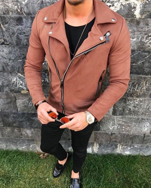 

2018 new style fashion solid stylish men's pea coat warm suede leather blend biker jacket zipper outwear, Black;brown