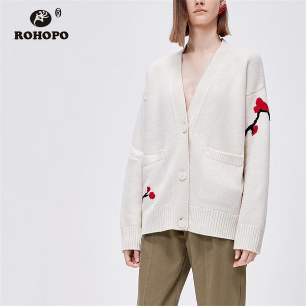 

rohopo autumn grus japonensis cartoon knitted vintage jacket button side pockets autumn white outwear #9496, Black;brown