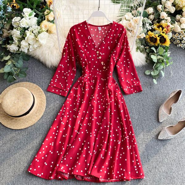 

vintage autumn v neck polka dot print dress women elegant a line midi dress korean long sleeve dress vestido, Black;gray
