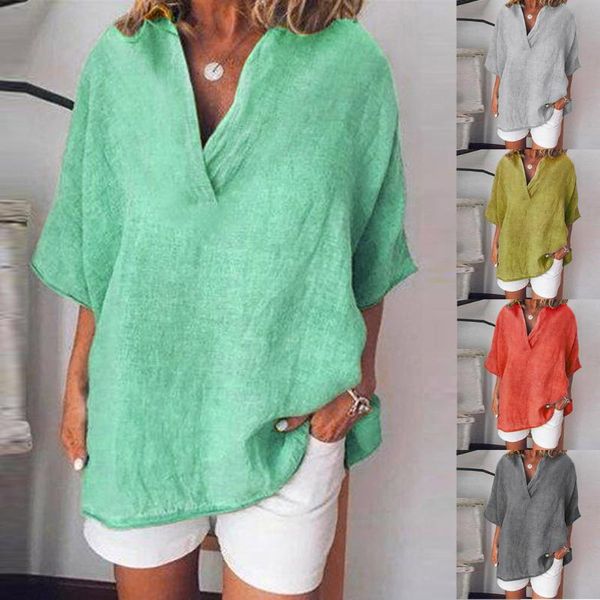 

women's blouses & shirts cotton and linen women short sleeve v neck casual loose ladies plus size blouse grote maten dames kleding @45, White