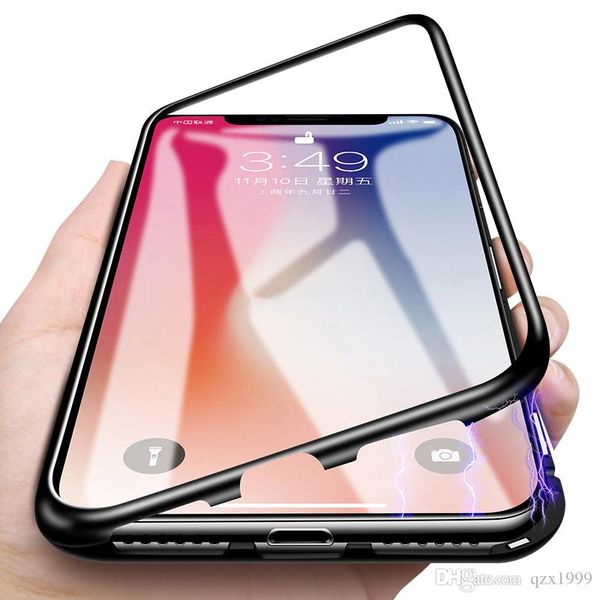 

360° full protector metal frame magnetic adsorption phone case anti-scratch tempered glass phone back case for iphone x xs 8 7 6 samsung s9