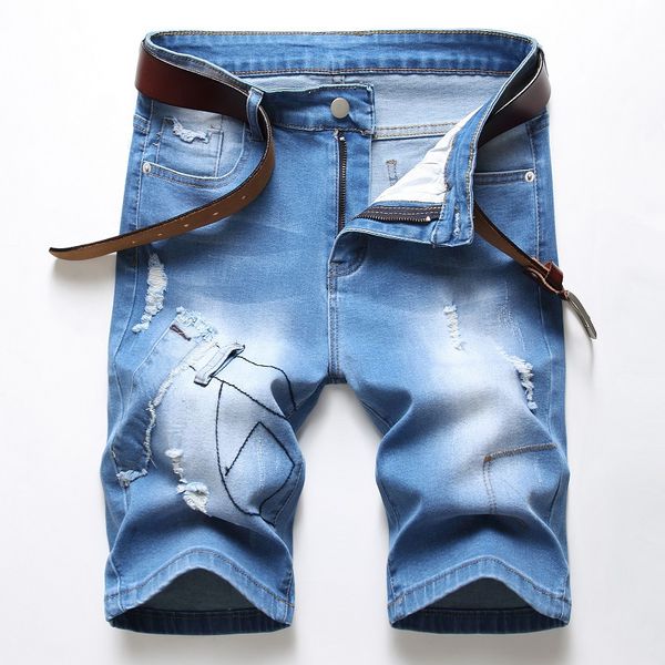

summer men denim jeans shorts hole ripped with patchwork stretch men's capri bermuda praia denim short breathable male new 2020, Blue