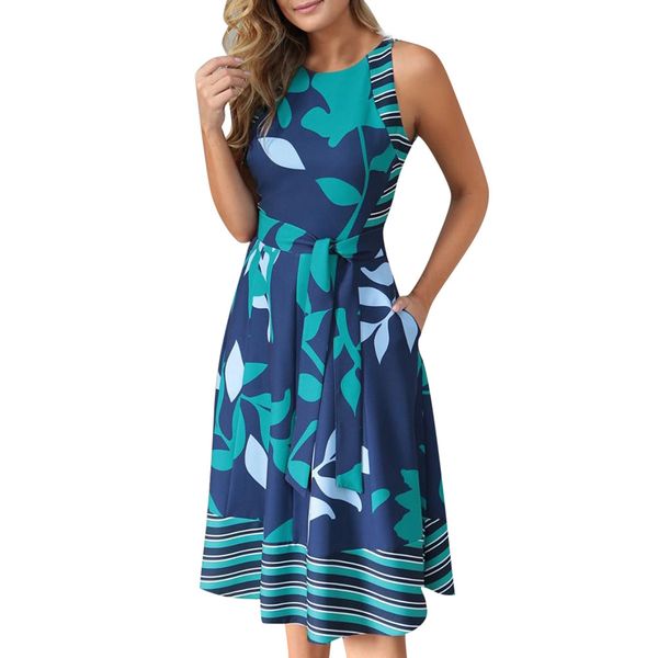 

MarchWind Brand Designer Women Summer Plus Size O Neck Sleeveless Boho Print Sashes A Line Dress Casual Ladies Beach Sundress Robe Vestido