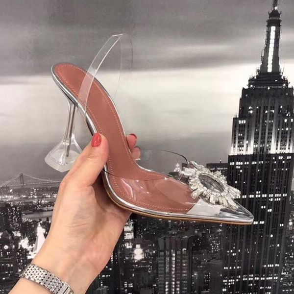 

crystal heel transparent pointed concise ankle strap with buckle clear transparent high heel sandals women shoes wedding shoes size 35, Black