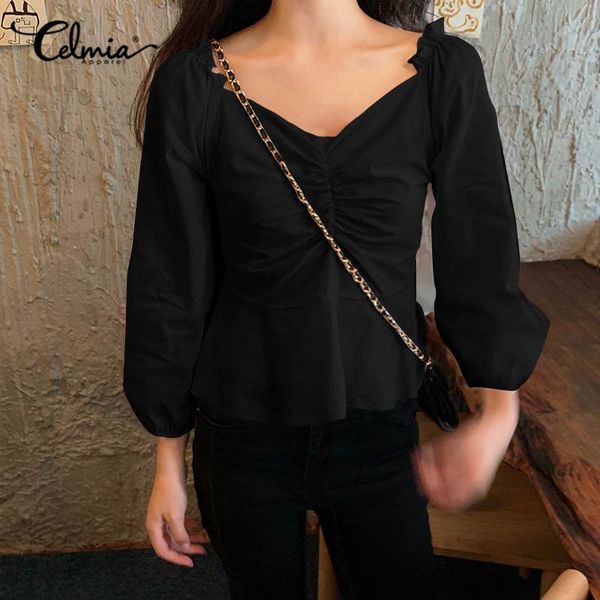 

celmia plus size ruffles blouse women 2020 fashion solid tunic shirt casual long puff sleeve ladies elegant blusas mujer, White