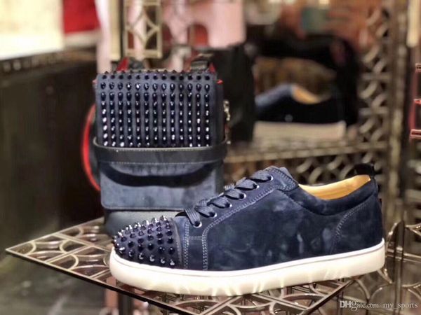 

2019 junior spiked shoes red bottom studs navy blue genuine leather sheepskin,luxurious brand red sole men's flat lace-up trainers, Black