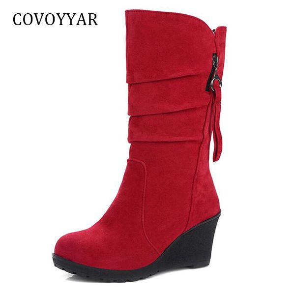 

covoyyar mid-calf boots 2019 pleated wedge flock women booties side zip autumn winter shoes women big sizes wbs893, Black