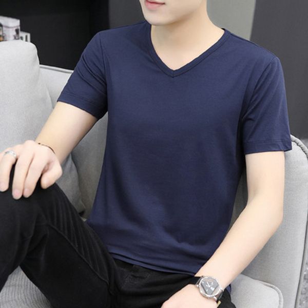 

summer men's cotton t-shirt v-neck short sleeve t-shirt men's elastic lycra casual brand clothing, White;black