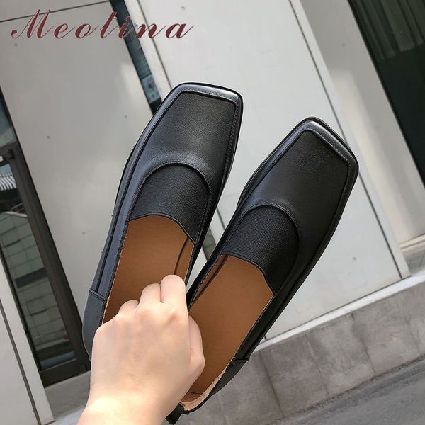 

meotina real leather flats women shoes natural genuine leather flat platform loafers shoes fashion square toe female 34-40, Black